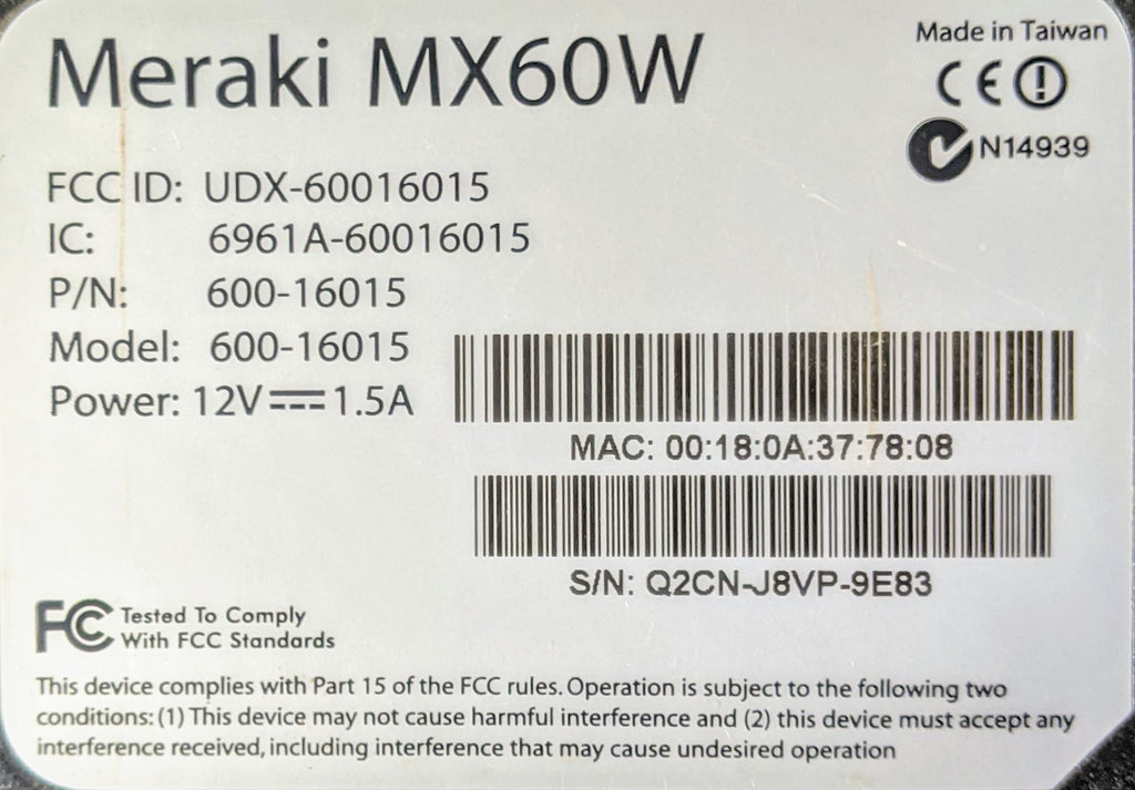 Cisco Meraki MX60W Cloud Managed Security Appliance- 600-16015
