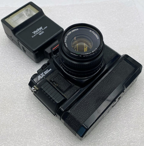 Fuji AX Multi Program SLR Film Camera w/ Vivitar Electronic Flash 1900, Untested