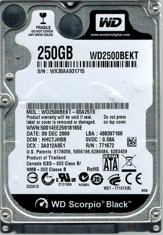 Western Digital Scorpio Black 250GB 2.5" SATA Laptop Hard Drive- WD2500BEKT