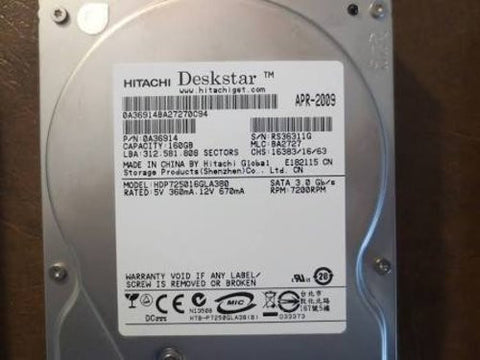 Hitachi Deskstar HDP725016GLA380 160GB 7200rpm Sata-ii 3.5inch Hard Disk Drive- 0A36914
