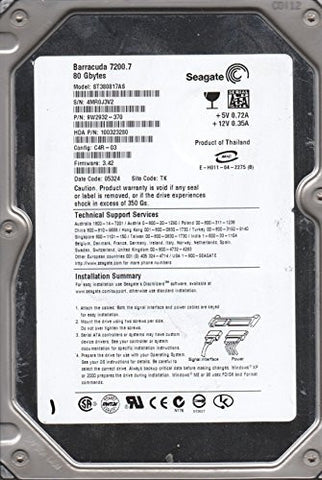 ST380817AS, 4MR, TK, PN 9W2932-370, FW 3.42, Seagate 80GB SATA 3.5 Hard Drive