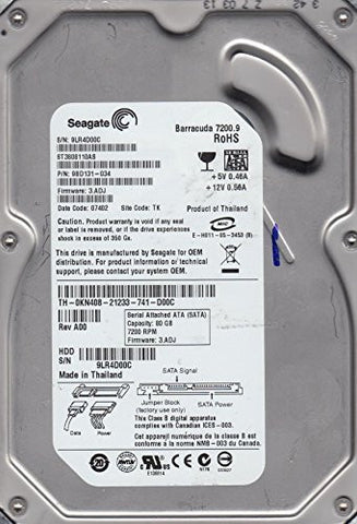 ST3808110AS, 9LR, TK, PN 9BD131-034, FW 3.ADJ, Seagate 80GB SATA 3.5 Hard Drive