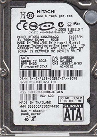 Hitachi 80GB SATA 2.5 Hard Drive, HTS541680J9SA00, PN 0A55028, MLC DA1982,