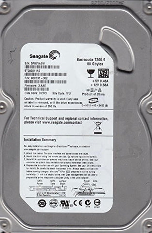 ST380811AS, 5PS, WU, PN 9CC131-302, FW 3.AAE, Seagate 80GB SATA 3.5 Hard Drive