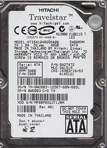 HTS541040G9SA00, PN 0A27472, MLC DA1519, Hitachi 40GB SATA 2.5 Hard Drive