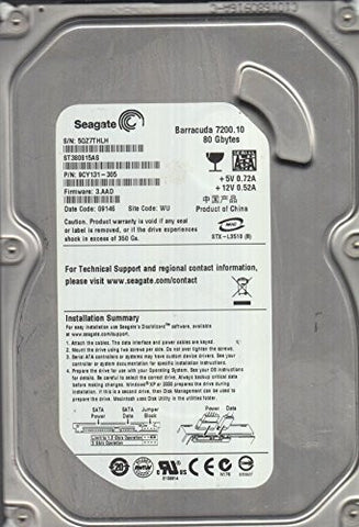 ST380815AS, 5QZ, WU, PN 9CY131-305, FW 3.AAD, Seagate 80GB SATA 3.5 Hard Drive
