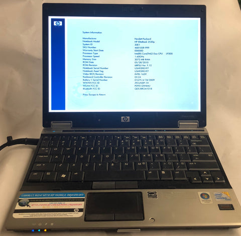 HP EliteBook 2530p Laptop- 3GB RAM, Intel Core Duo L9300 CPU