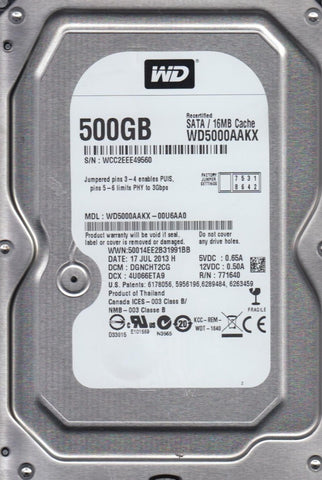 Western Digital 500GB Hard Drive- WD5000AAKX